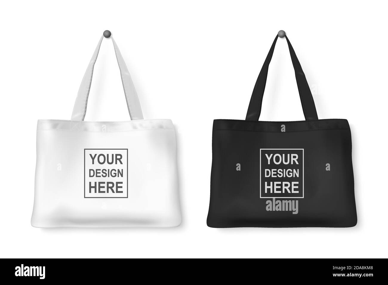 Vector 3d Realistic White, Black Detailed textile fourre-tout ensemble de sacs à provisions suspendu sur fond de mur blanc, isolé. Modèle de conception pour maquettes, logo Illustration de Vecteur