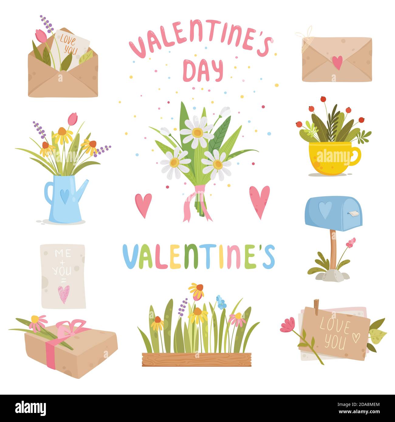 Saint-Valentin mignonne illustrations vectorielles, couronne florale et lettrage à la main typographie set.Love Birds couple, roses fleurs, autocollants, coeur Illustration de Vecteur