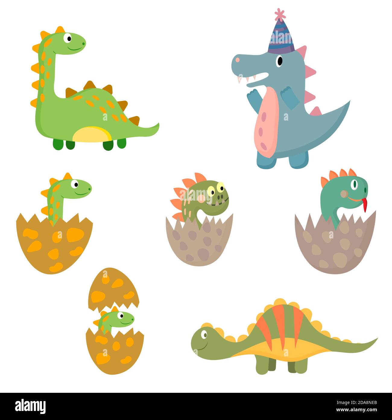 Placez les dinosaures mignons dans un dessin animé de style, isolé sur fond blanc. Illustration vectorielle plate. Illustration de Vecteur