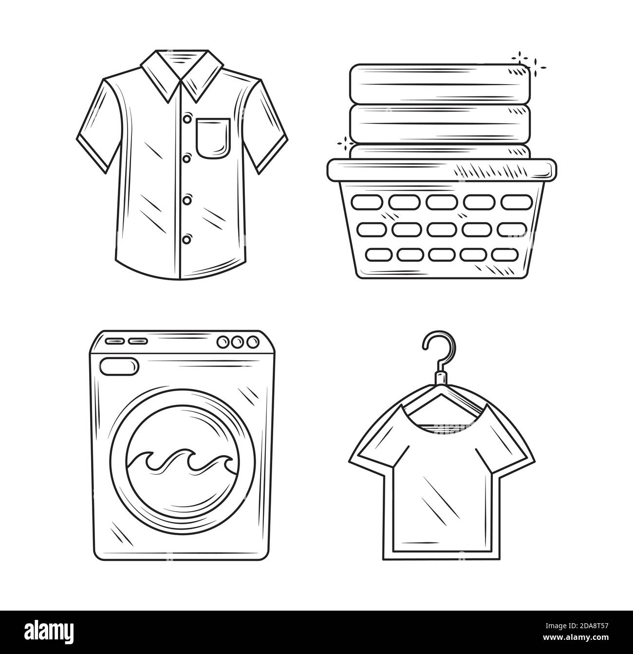machine à laver les chemises et panier avec icônes de vêtements style de ligne d'illustration vectorielle Illustration de Vecteur
