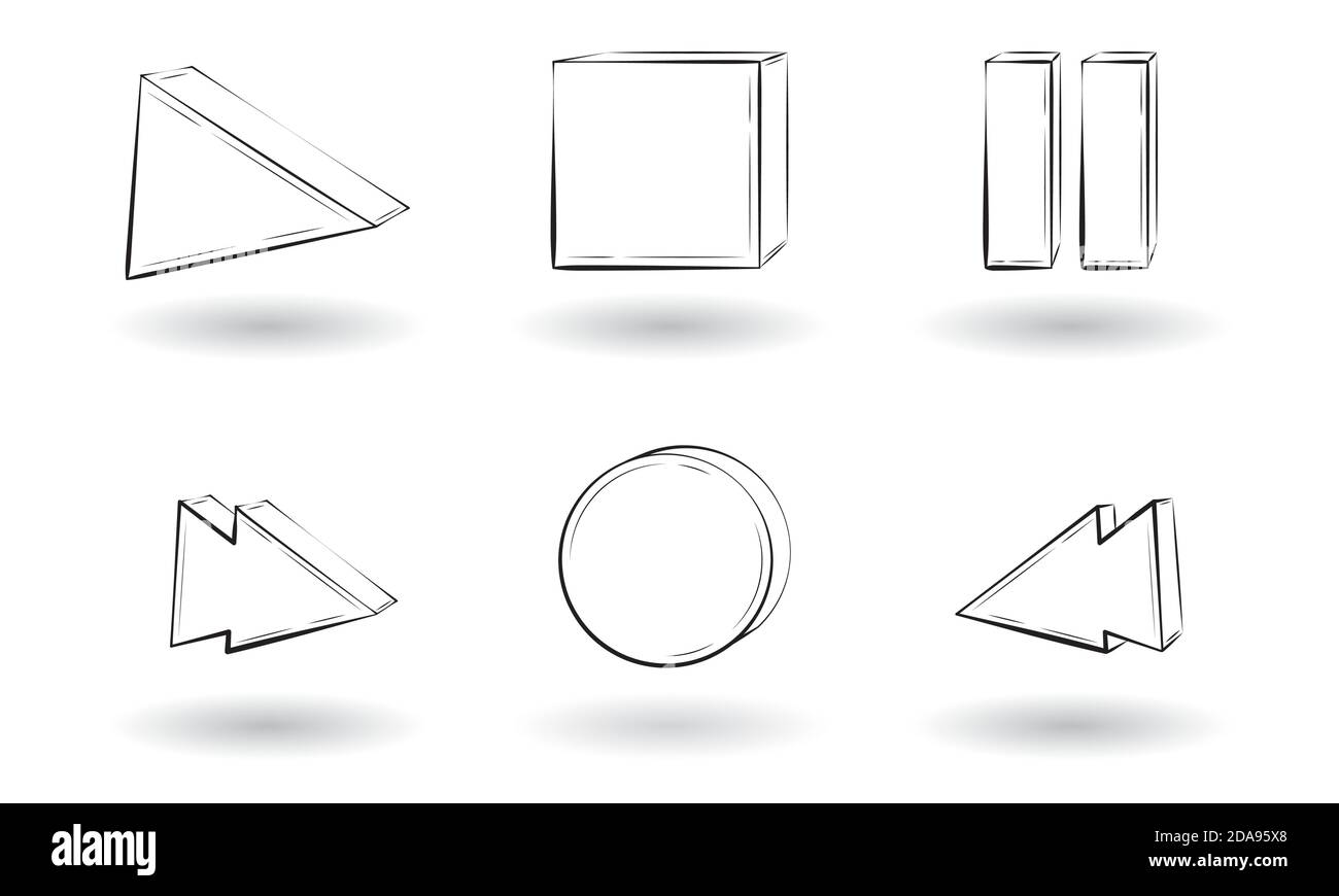 Boutons de lecture vidéo, musique, lecteur multimédia, dessinés à la main, flottant, lecture, arrêt, pause et retour arrière. Illustration vectorielle Illustration de Vecteur