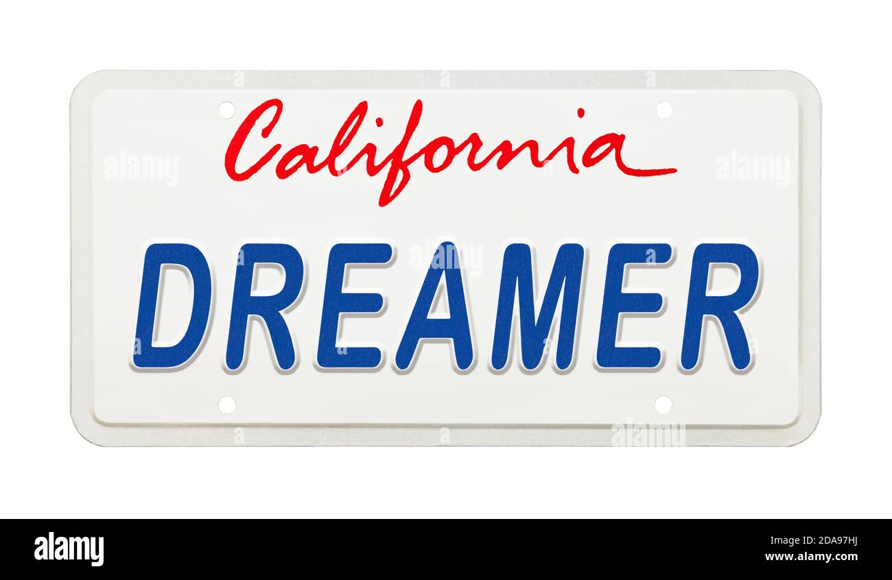 Plaque d'immatriculation de Californie avec les mots Rêveur imprimés dessus. Banque D'Images