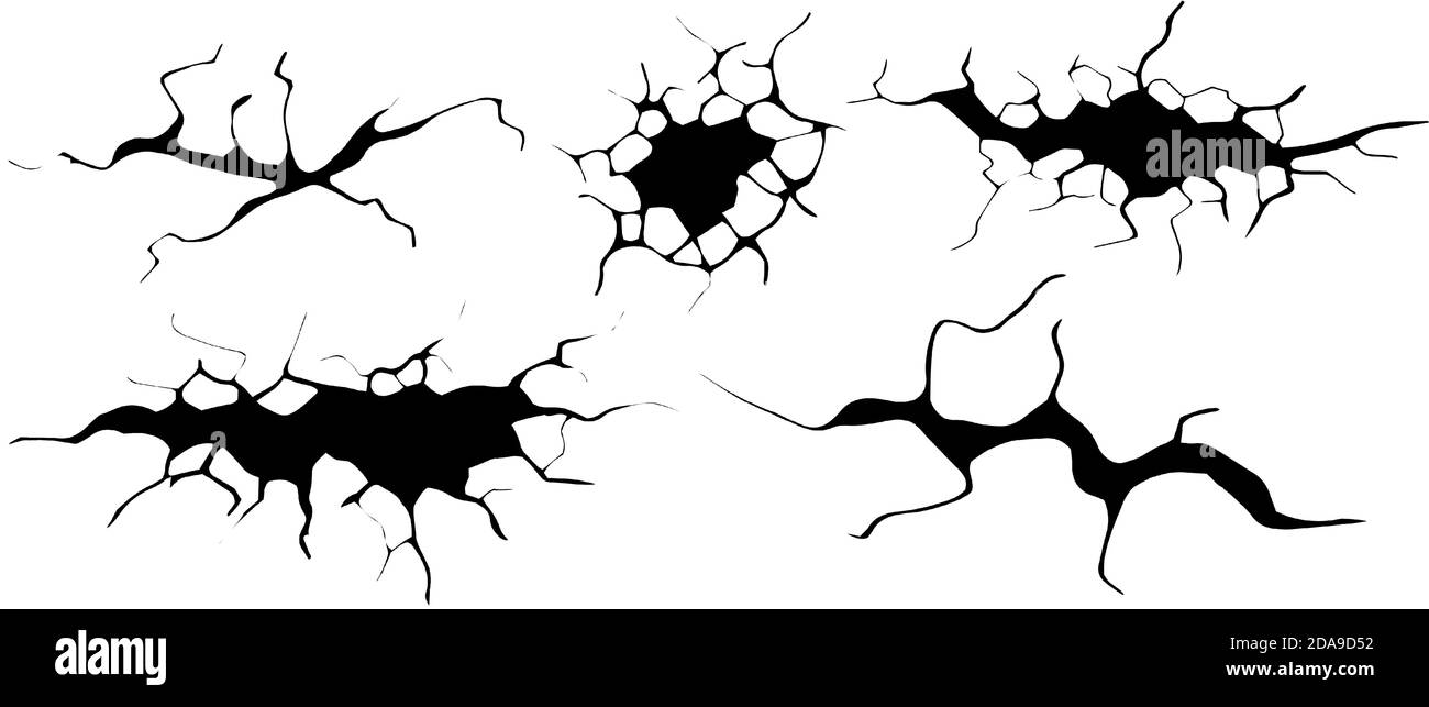 Jeu de fissures de masse. Tremblement de terre et fissures de terre, effet de trou, craquelure et texture de mur endommagée. Illustrations vectorielles tremblement de terre, accident, destruction Illustration de Vecteur
