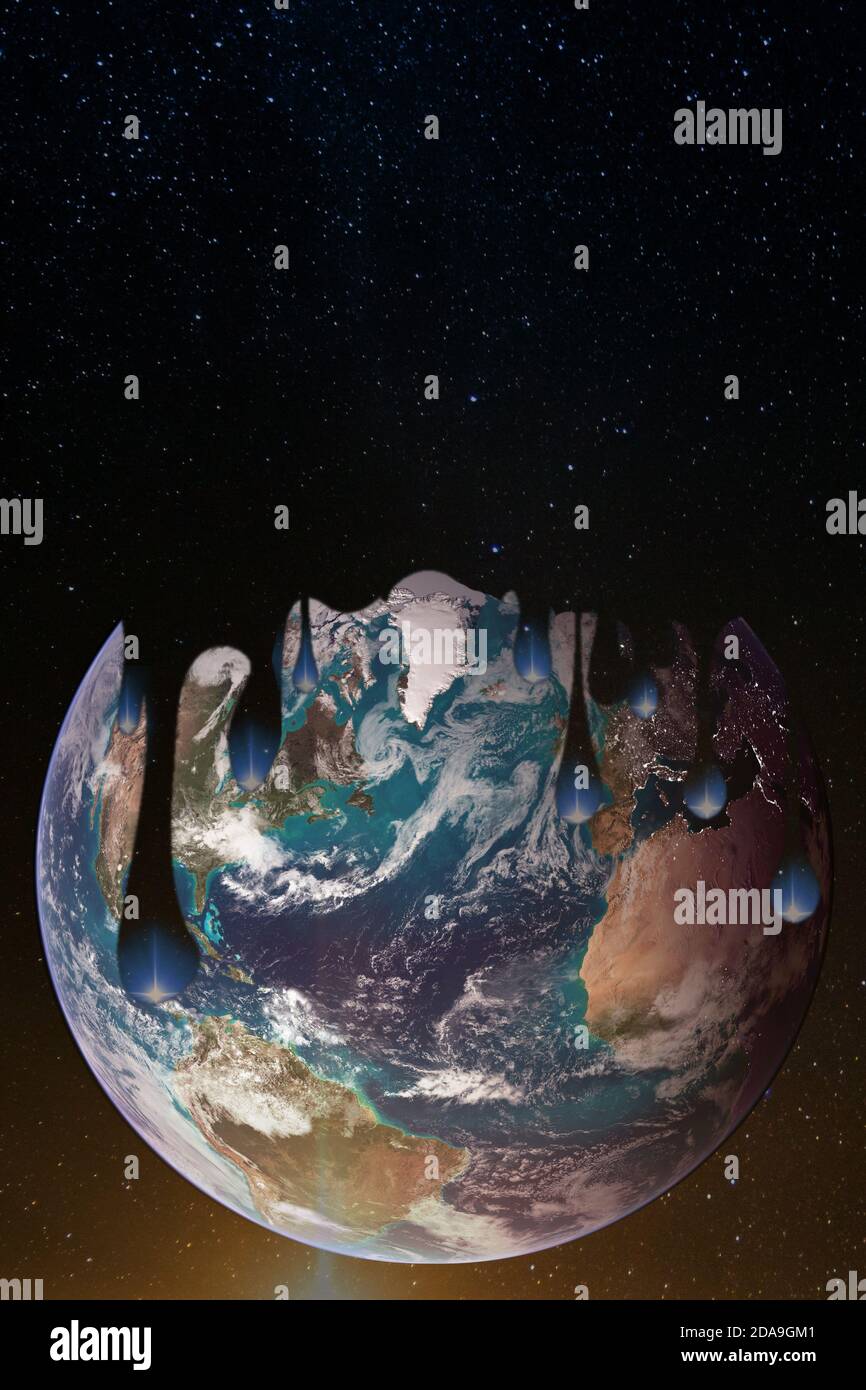 La nuit s'égoutte sur la terre. Changement de jour en nuit. Couverture design collage conceptuel, éléments de cette image fournis par la NASA. Banque D'Images