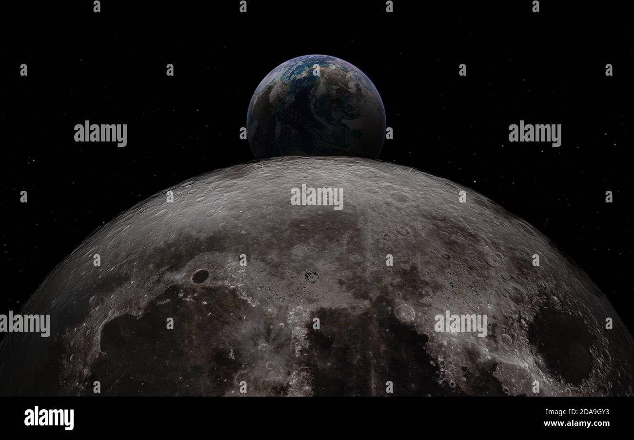 La terre s'élève au-dessus de la surface de la lune avec d'énormes cratères de météores. Éléments de cette image fournis par la NASA. Banque D'Images