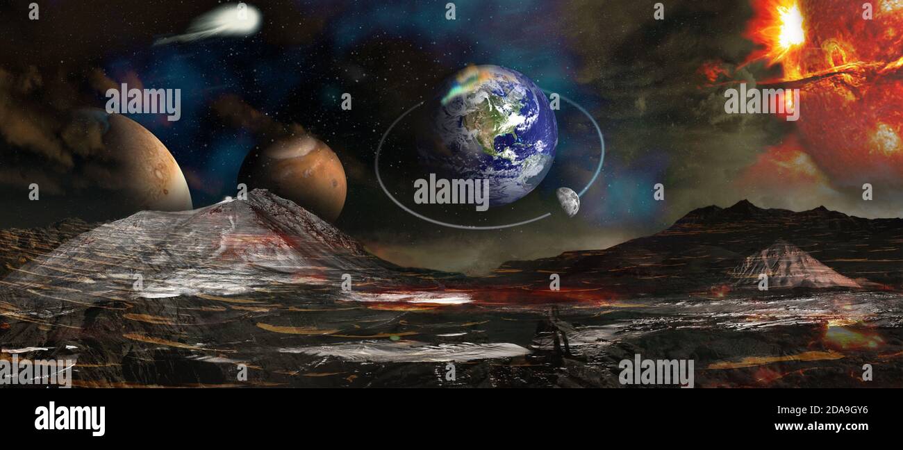 Vue sur la planète Terre et l'espace depuis la surface martienne. Éléments de cette image fournis par la NASA. Banque D'Images