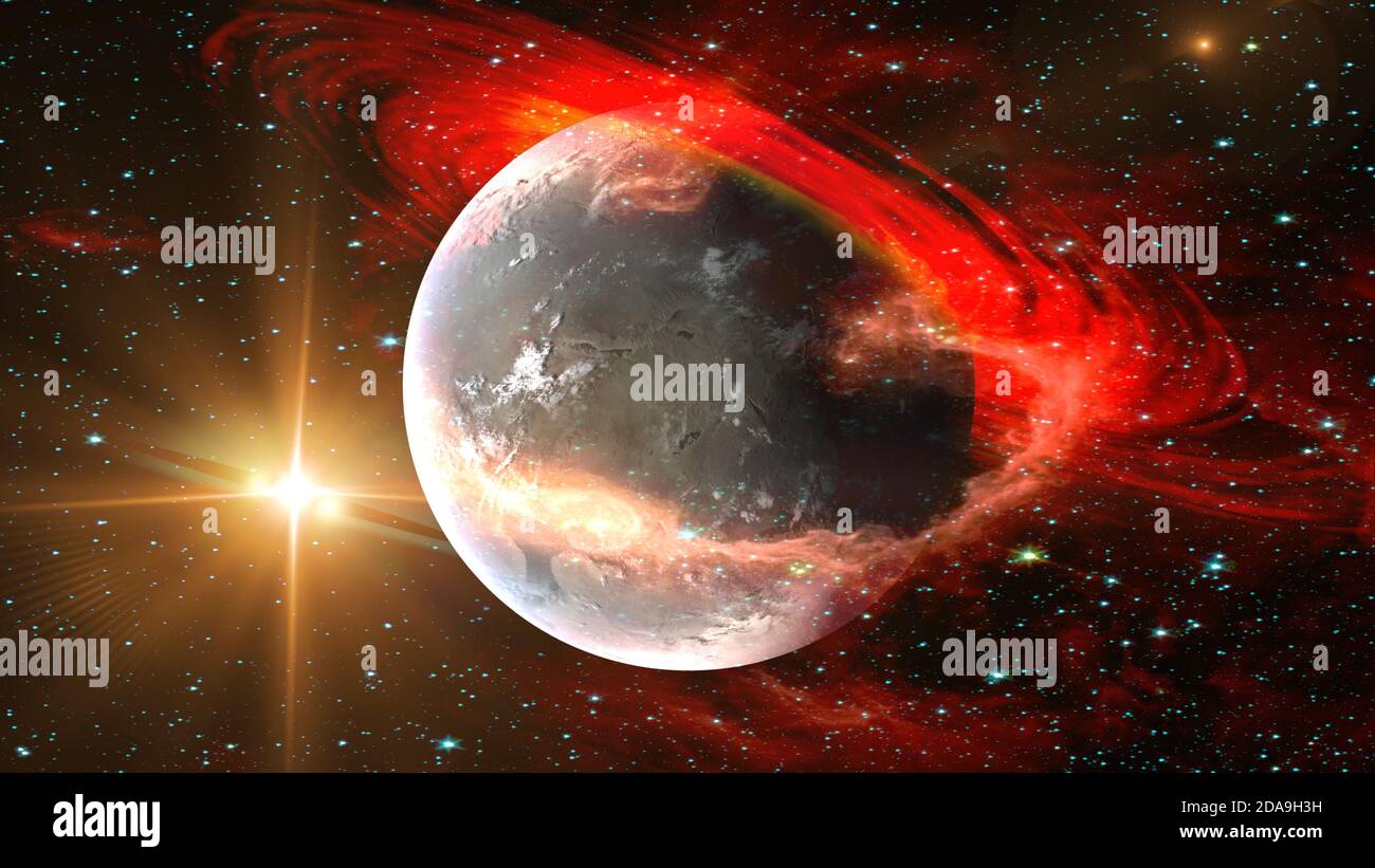 Vue au lever du soleil sur la planète extraterrestre depuis l'espace avec l'anneau planétaire à gaz rouge et le fond galaxie des étoiles. Éléments de cette image fournis par la NASA. Banque D'Images