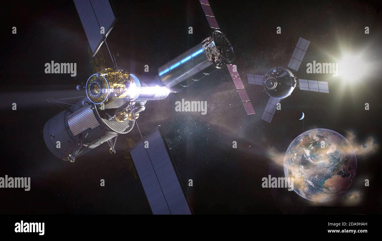 Les vaisseaux spatiaux explorent un univers lointain et une planète extraterrestre. Collage. Éléments de cette image fournis par la NASA. Banque D'Images