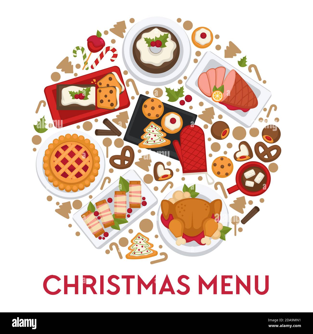 Menu de Noël pour table de fête, plats alimentaires Illustration de Vecteur