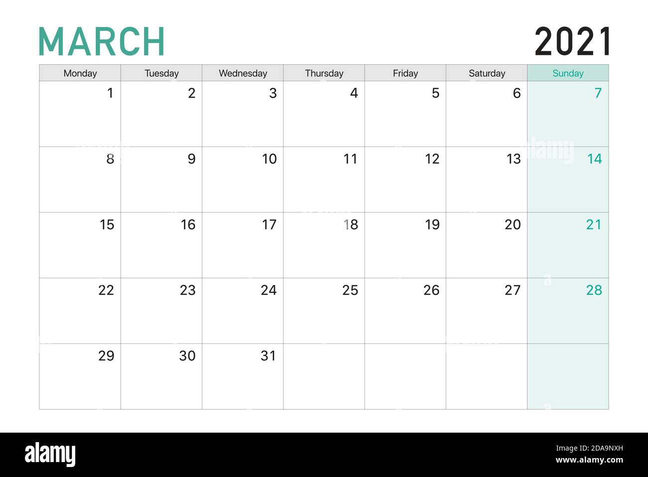 2021 mars illustration bureau vecteur semaines calendrier commencent le lundi sur un thème vert clair et blanc Illustration de Vecteur