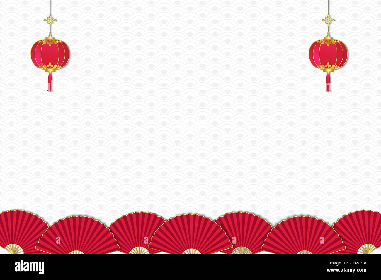 Arrière-plan du nouvel an chinois décoré avec des lanternes suspendues rouges et Fans à la frontière sur un motif chinois à vagues grises Illustration de Vecteur