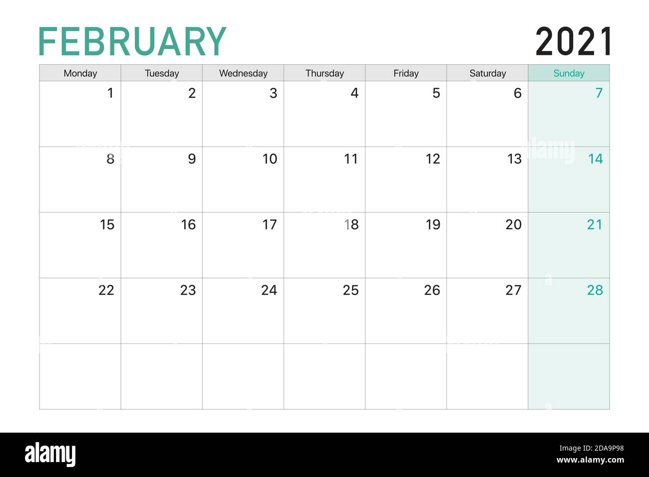 2021 février illustration bureau vecteur les semaines de calendrier commencent à Mondayin thème vert clair et blanc Illustration de Vecteur