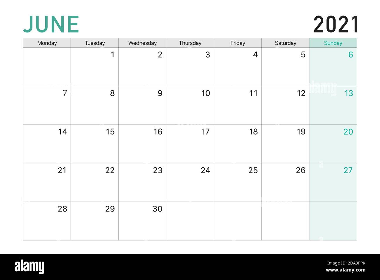 2021 juin illustration bureau vecteur semaines calendrier commencent le lundi sur un thème vert clair et blanc Illustration de Vecteur