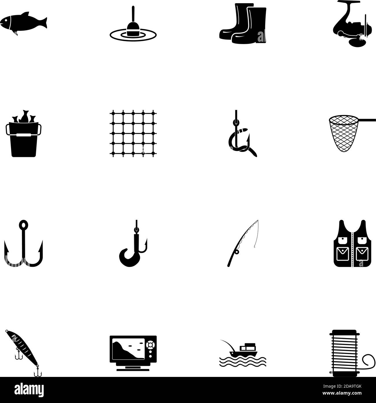 Icône de pêche - développer à n'importe quelle taille - changer à n'importe quelle couleur. Perfect Flat Vector contient des icônes telles que le poisson, la tige, le nautique, les waders, le bateau, la veste, l'attaque Illustration de Vecteur