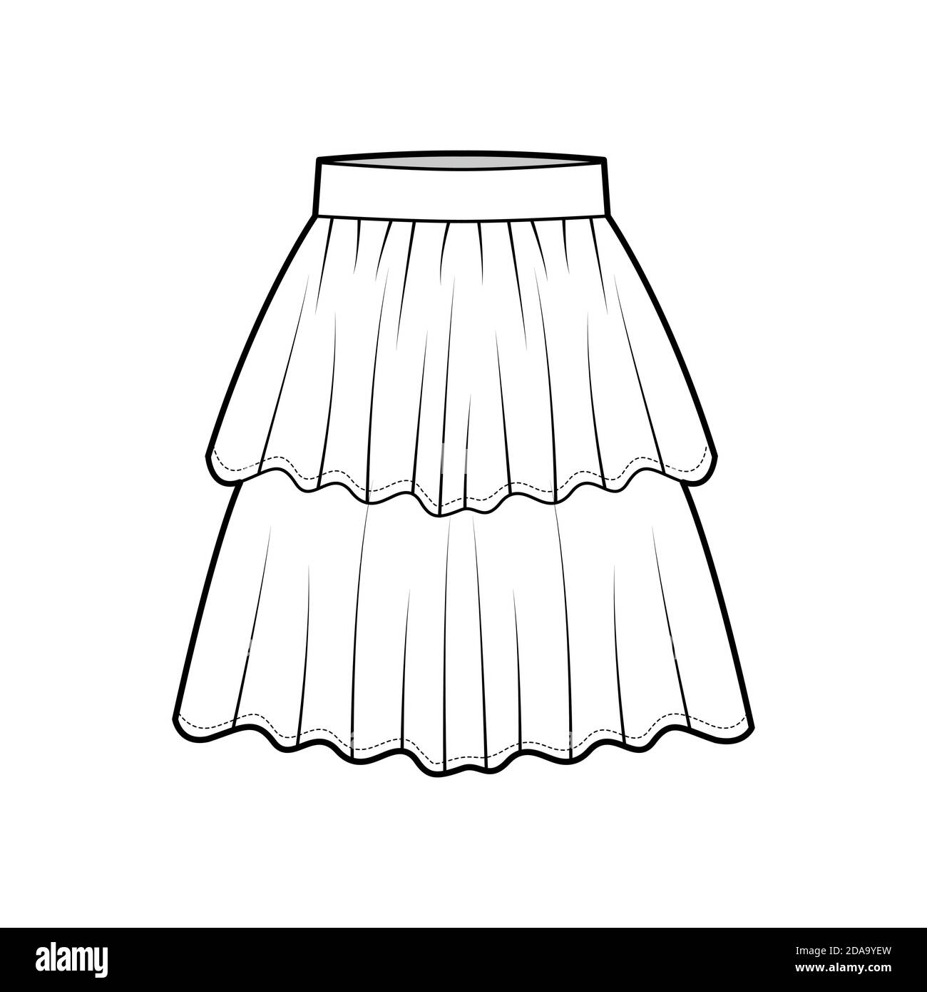 Jupe a volants superposes illustration technique de la mode avec silhouette longueur genou plenitude circulaire taille epaisse. Modele avant a fond plat couleur blanche. Femmes hommes maquette de CAD ...
