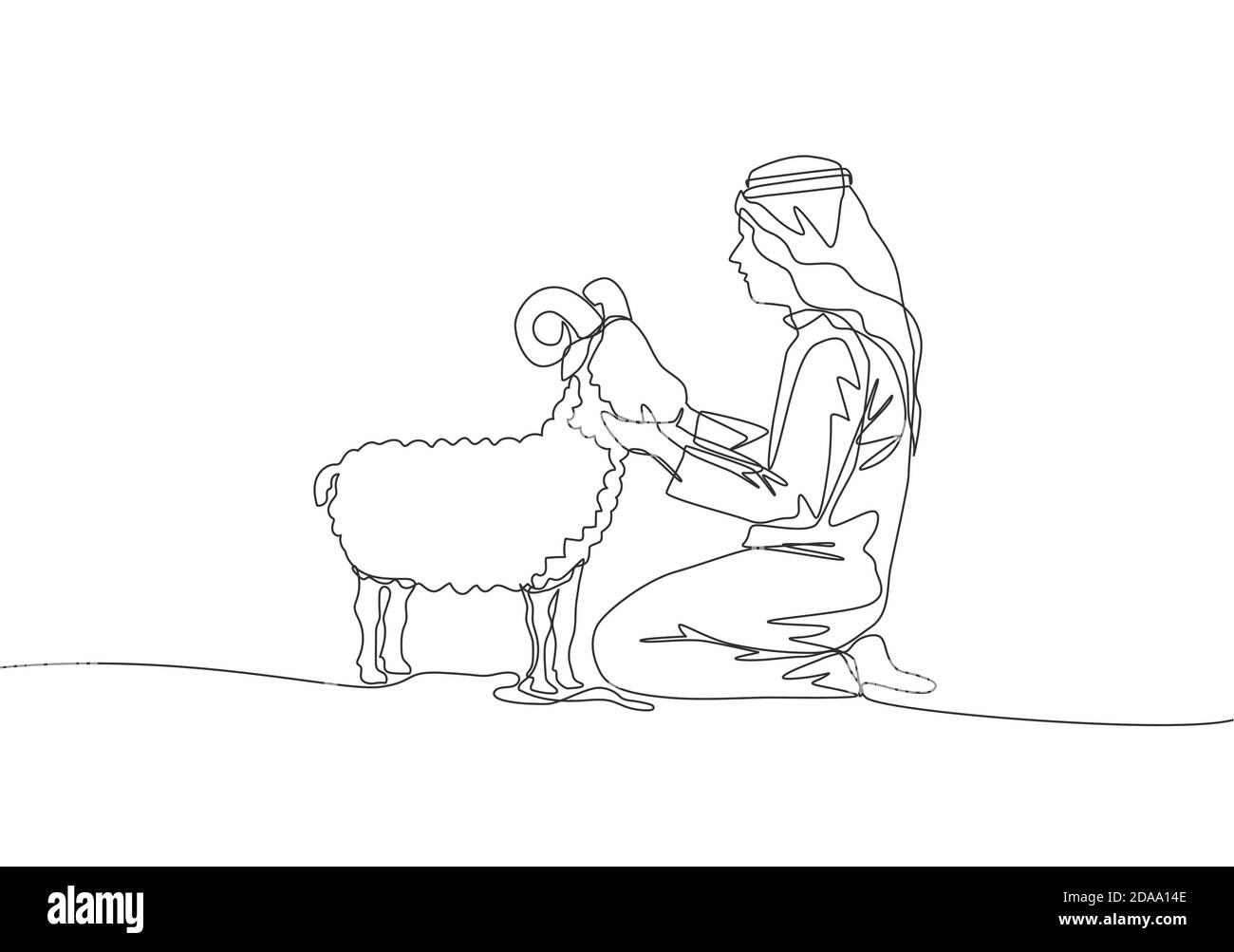 Un dessin d'une seule ligne de jeunes musulmans tenant un mouton. Vacances islamiques le sacrifice d'une chèvre ou d'un mouton, Eid al Adha carte de salutation concept continu l Illustration de Vecteur