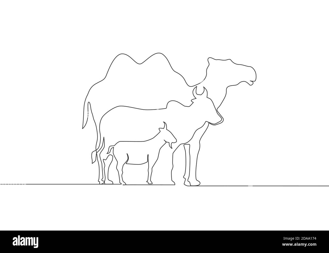 Dessin de ligne continue unique de chèvre, de mouton, de buffle, de vache et de chameau. Vacances musulmanes le sacrifice un animal, Eid al Adha carte de voeux concept un l Illustration de Vecteur