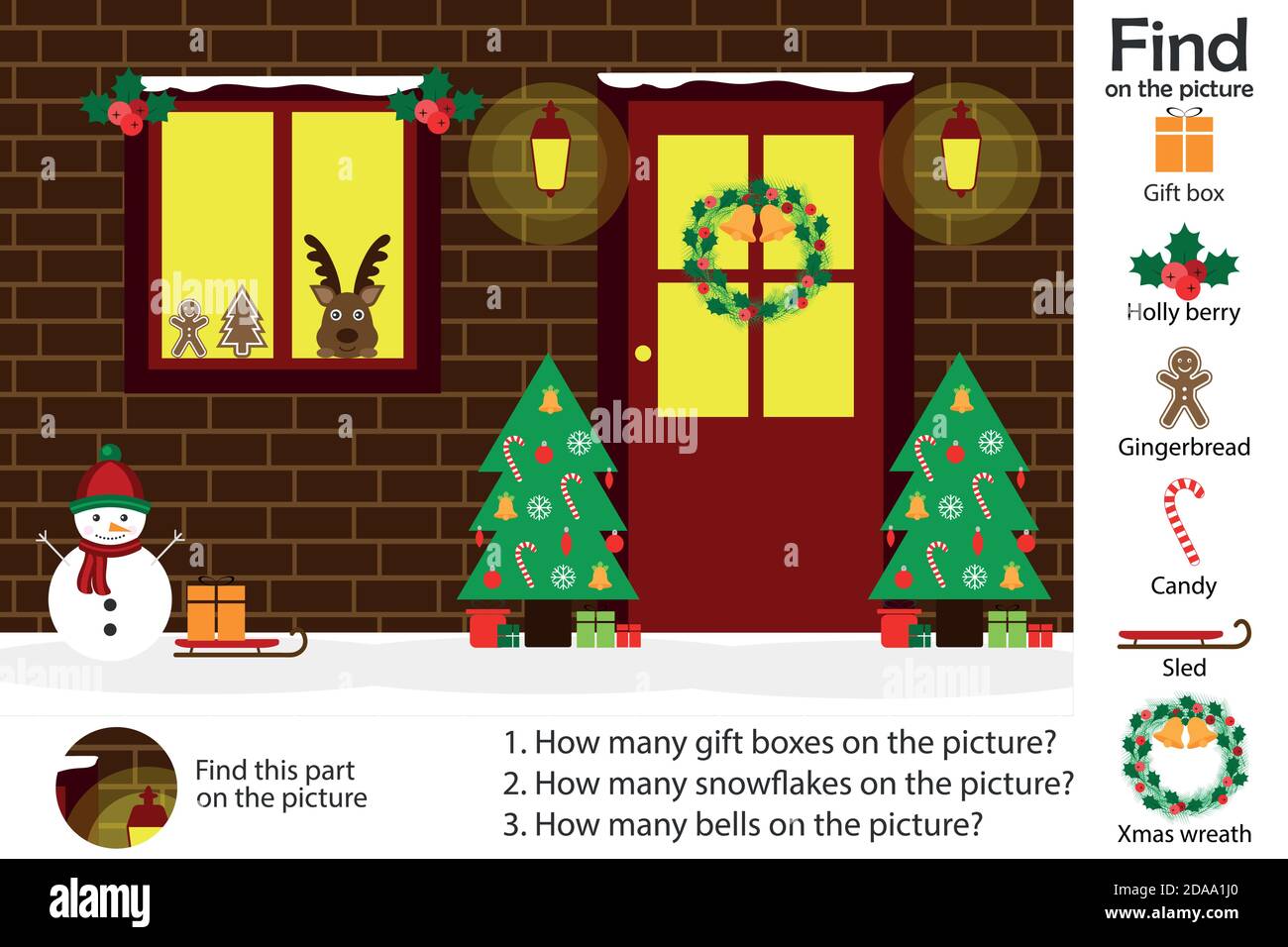 Page d'activité, porte de noël en style caricature, trouver des images et répondre aux questions, jeu d'éducation visuelle pour le développement des enfants, des enfants Illustration de Vecteur