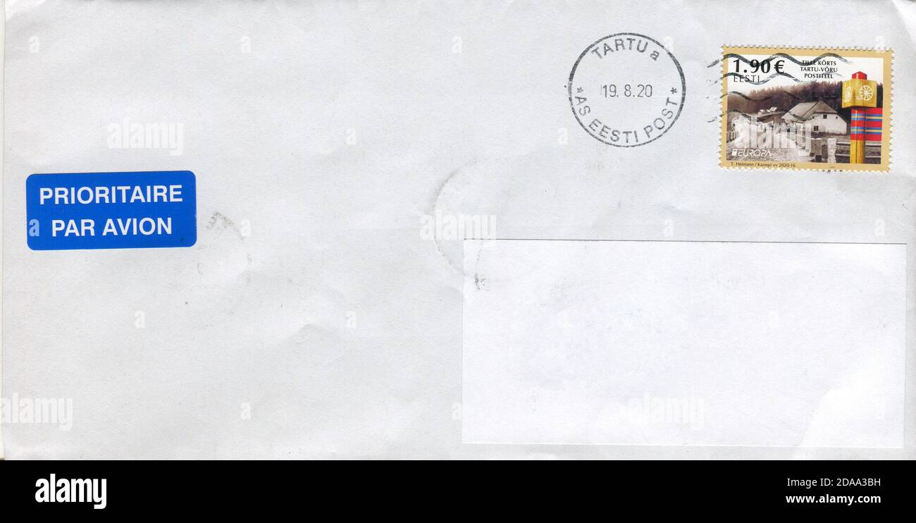 GOMEL, BÉLARUS - 12 AOÛT 2017 : ancienne enveloppe envoyée de l'Estonie à Gomel, Bélarus, 18 août 2020. Banque D'Images