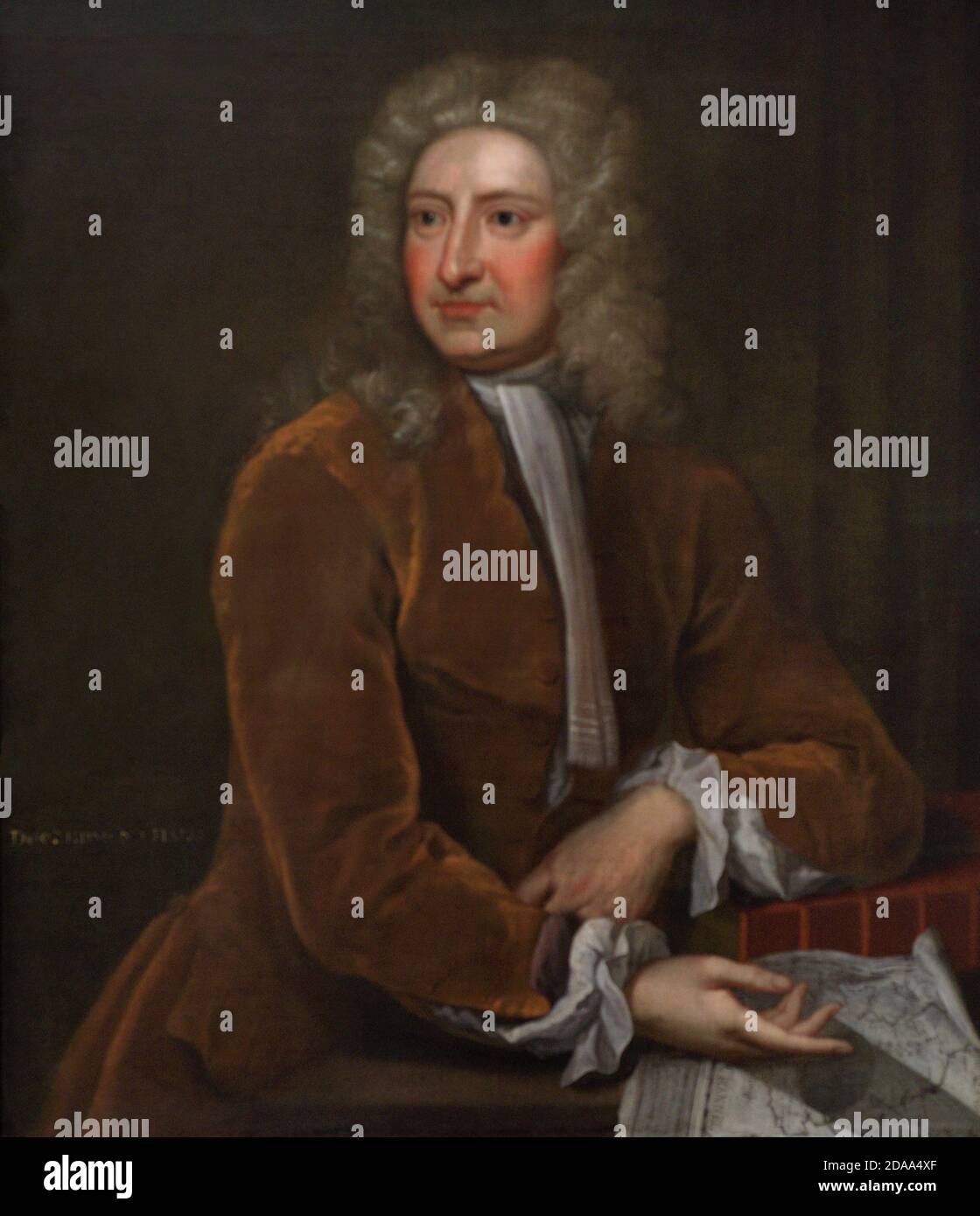Edmond Halley (1656-1742). Astronome et mathématicien britannique. Portrait attribué à Isaac Whood (1688-1752). Halley est représenté avec un volume marqué 'Newton' et un graphique montrant le chemin à travers le sud de l'Angleterre qu'il a prédit pour l'éclipse solaire totale du 3 mai 1715. Huile sur toile (93,3 x 78,7 cm), c. 1720. Musée national du portrait. Londres, Angleterre, Royaume-Uni. Banque D'Images