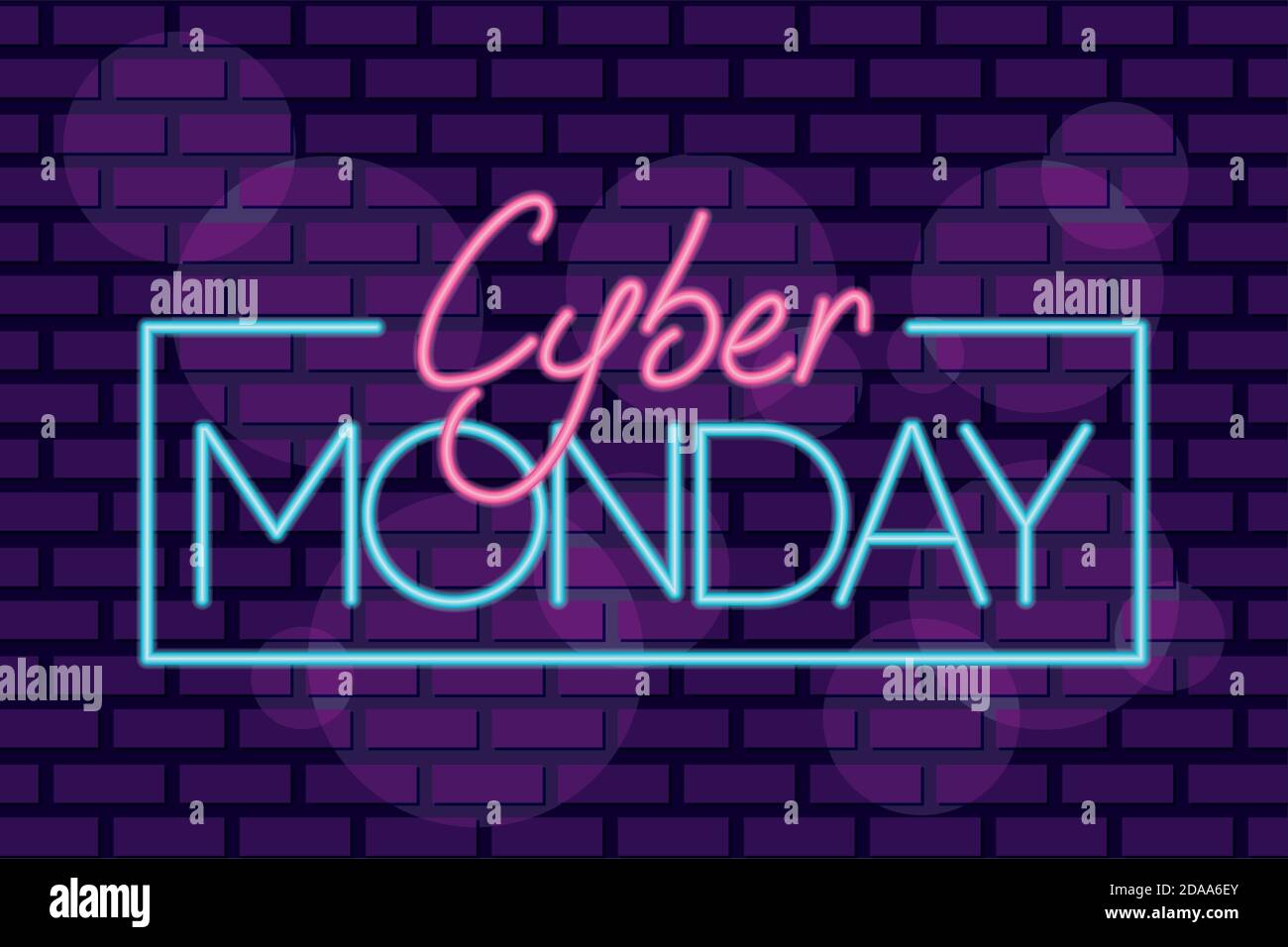 étiquette carrée au néon cyber monday dans l'illustration du vecteur mural violet conception Illustration de Vecteur