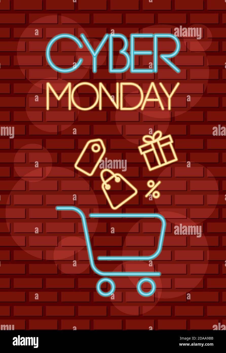 étiquette néon cyber monday avec panier et vecteur de cadeaux conception de l'illustration Illustration de Vecteur