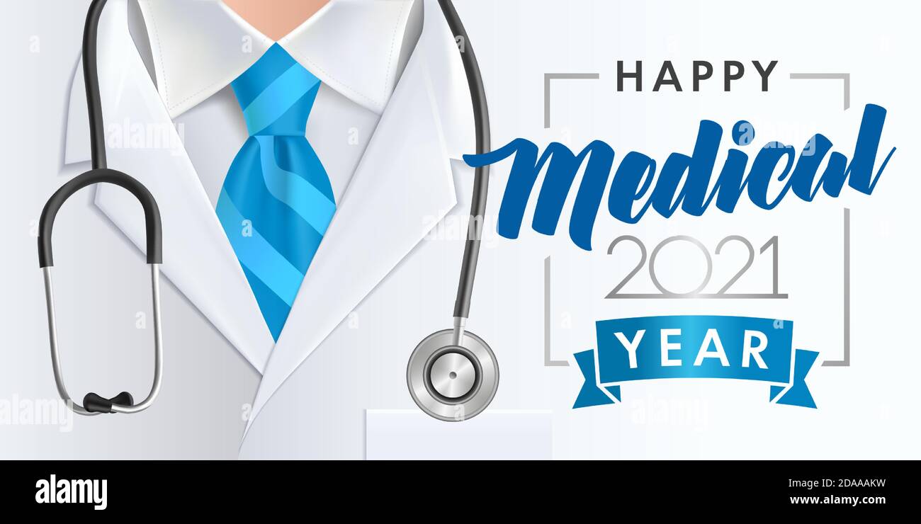 Bonne expérience médicale 2021 ans. Design de la bannière médicale de soins de santé avec le médecin, numéros 20 21, stéthoscope et cravate bleue. Illustration vectorielle Illustration de Vecteur