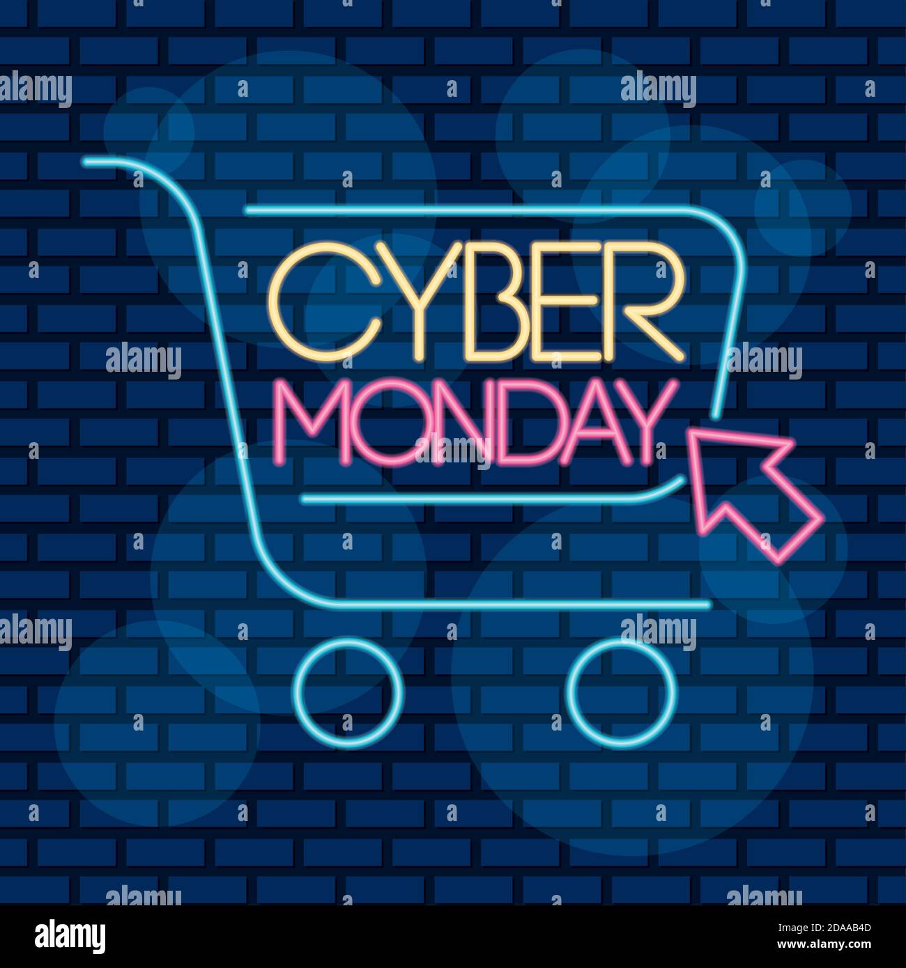 étiquette néon cyber monday avec panier et flèche de souris illustration vectorielle Illustration de Vecteur