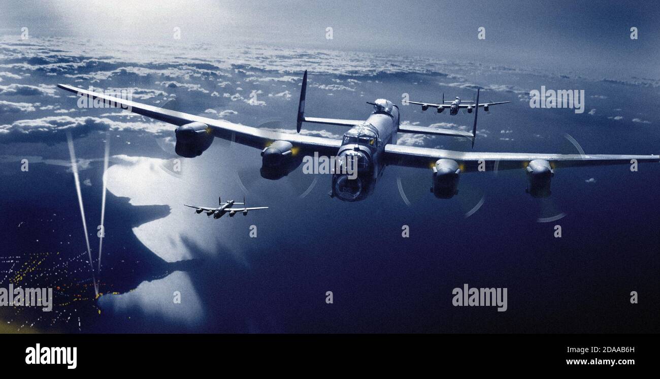 Scène de nuit de la Guerre mondiale d'Avro Lancaster scénario d'avion approchant une côte ennemie, en utilisant des modèles en plastique et Photoshop. Banque D'Images