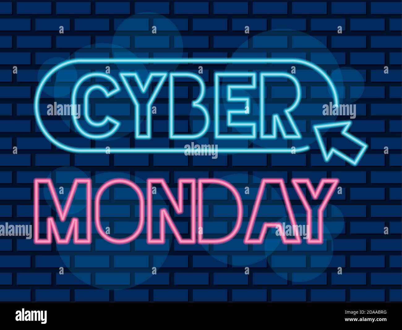 étiquette néon cyber monday avec flèche de souris dans le mur bleu illustration vectorielle Illustration de Vecteur