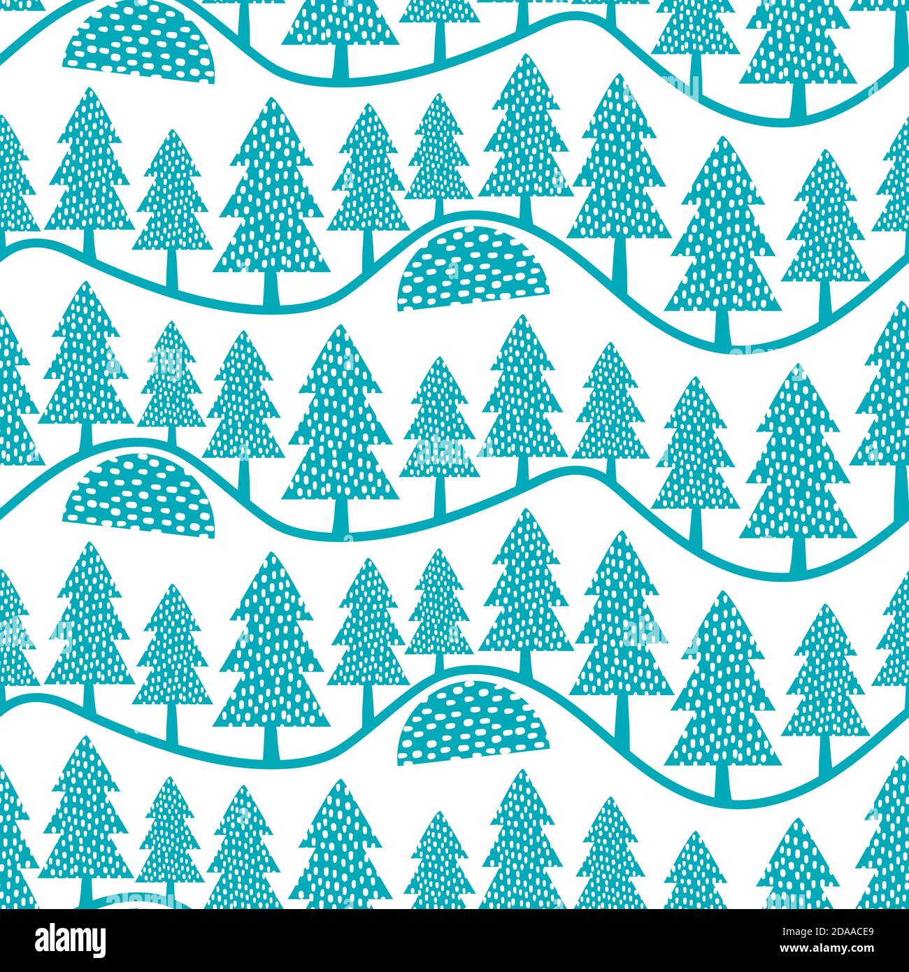 Magnifique vecteur folk art forêt paysage fluide vector motif arrière-plan. Toile de fond bleu blanc avec sapins en rangées sur des collines ondulées. Dessiné à la main Illustration de Vecteur