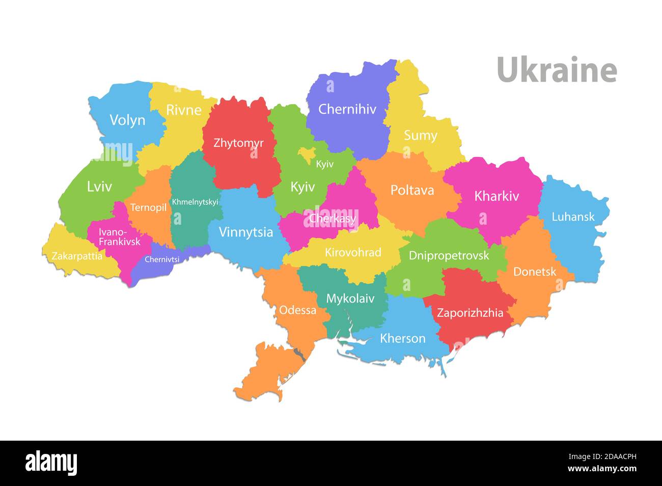 Carte de l'Ukraine, division administrative, régions individuelles séparées avec noms, carte couleur isolée sur fond blanc vecteur Illustration de Vecteur