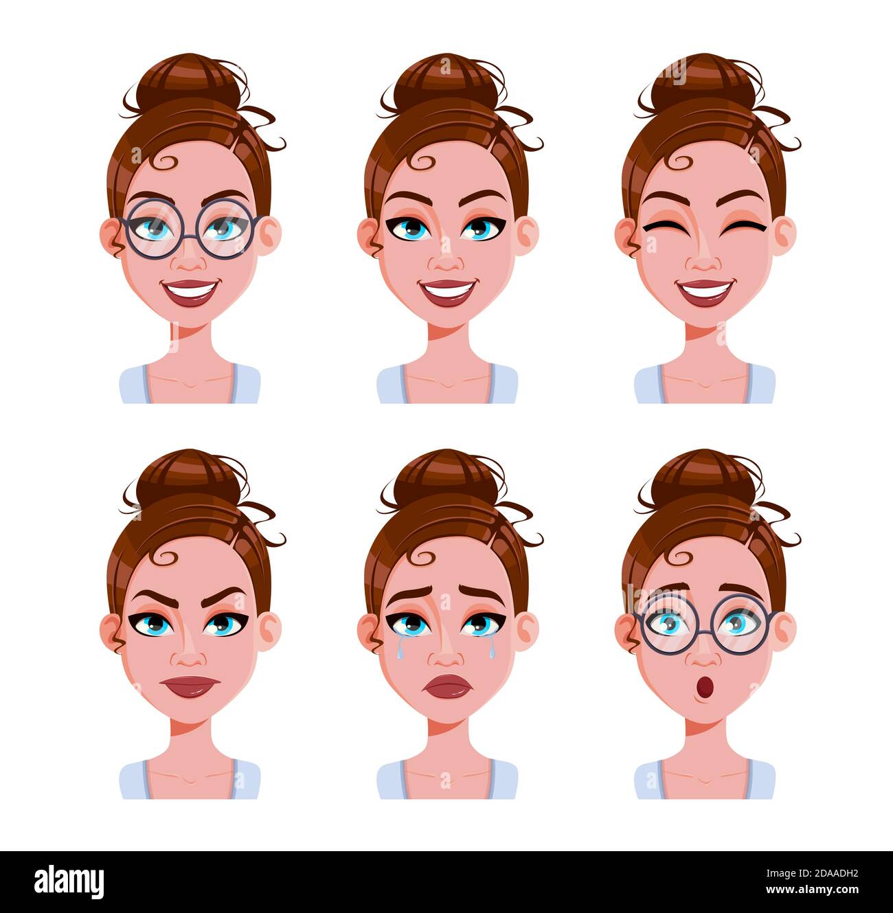 Vecteur de brut. Expressions du visage de la femme aux cheveux bruns ...
