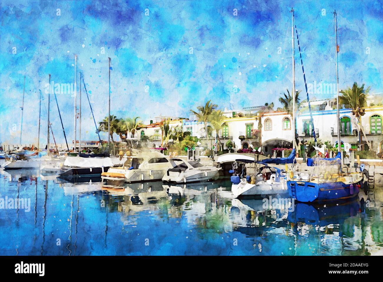 Peinture aquarelle de CityScape de Puerto de Morgan sur l'île de Gran Canaria. Espagne. Bateaux dans le port. Banque D'Images