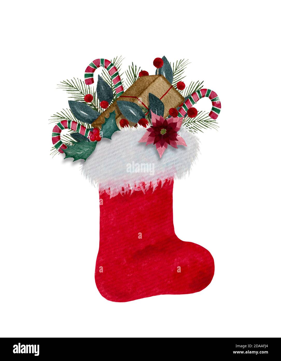 Chaussette de Noël avec cadeaux, décoration de Noël aquarelle avec botte  rouge du Père Noël et cadeaux de Noël isolés sur le dessin animé blanc de  la chaussure rouge du Père Noël