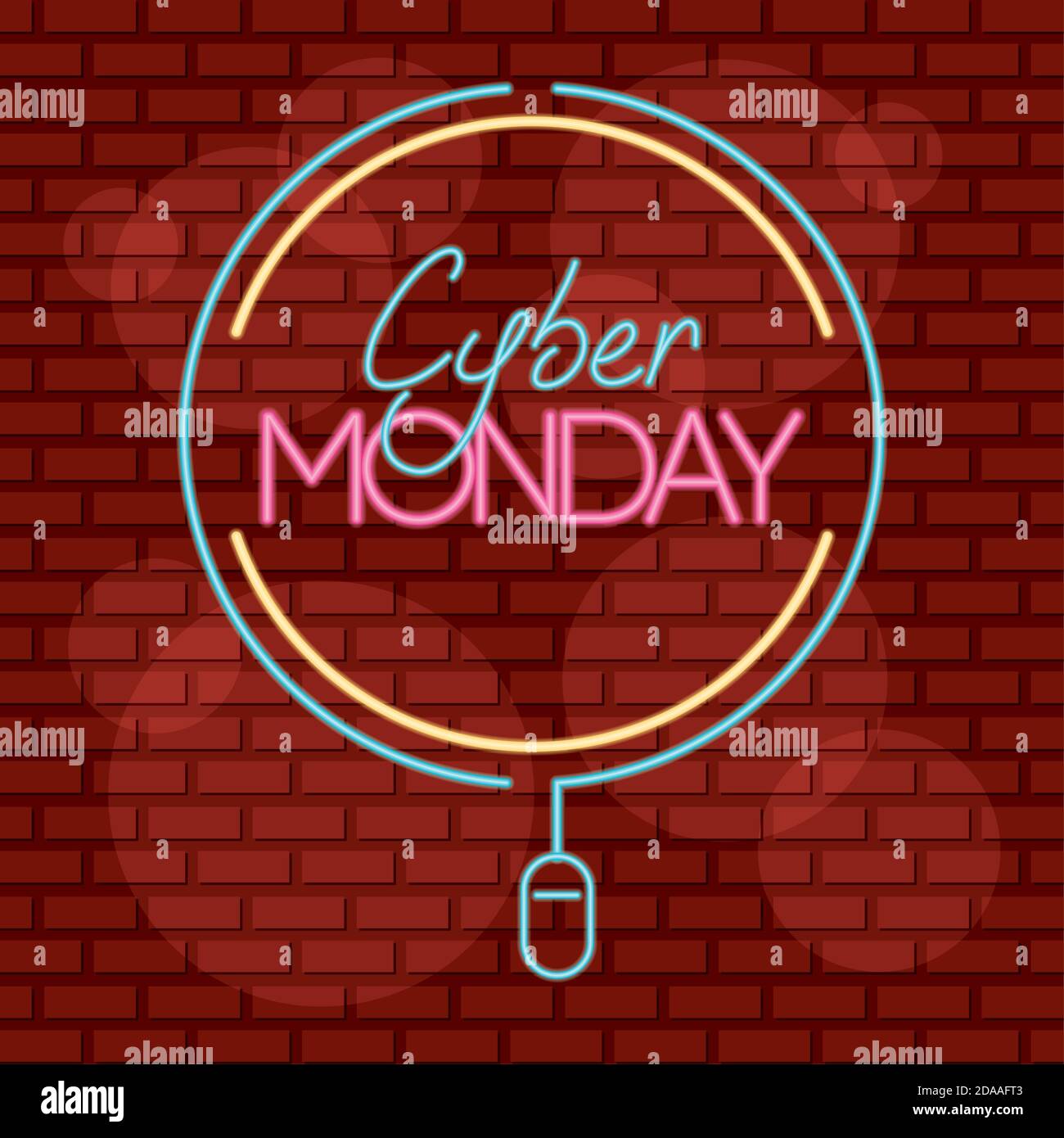 étiquette circulaire neon cyber monday avec illustration vectorielle de la souris Illustration de Vecteur