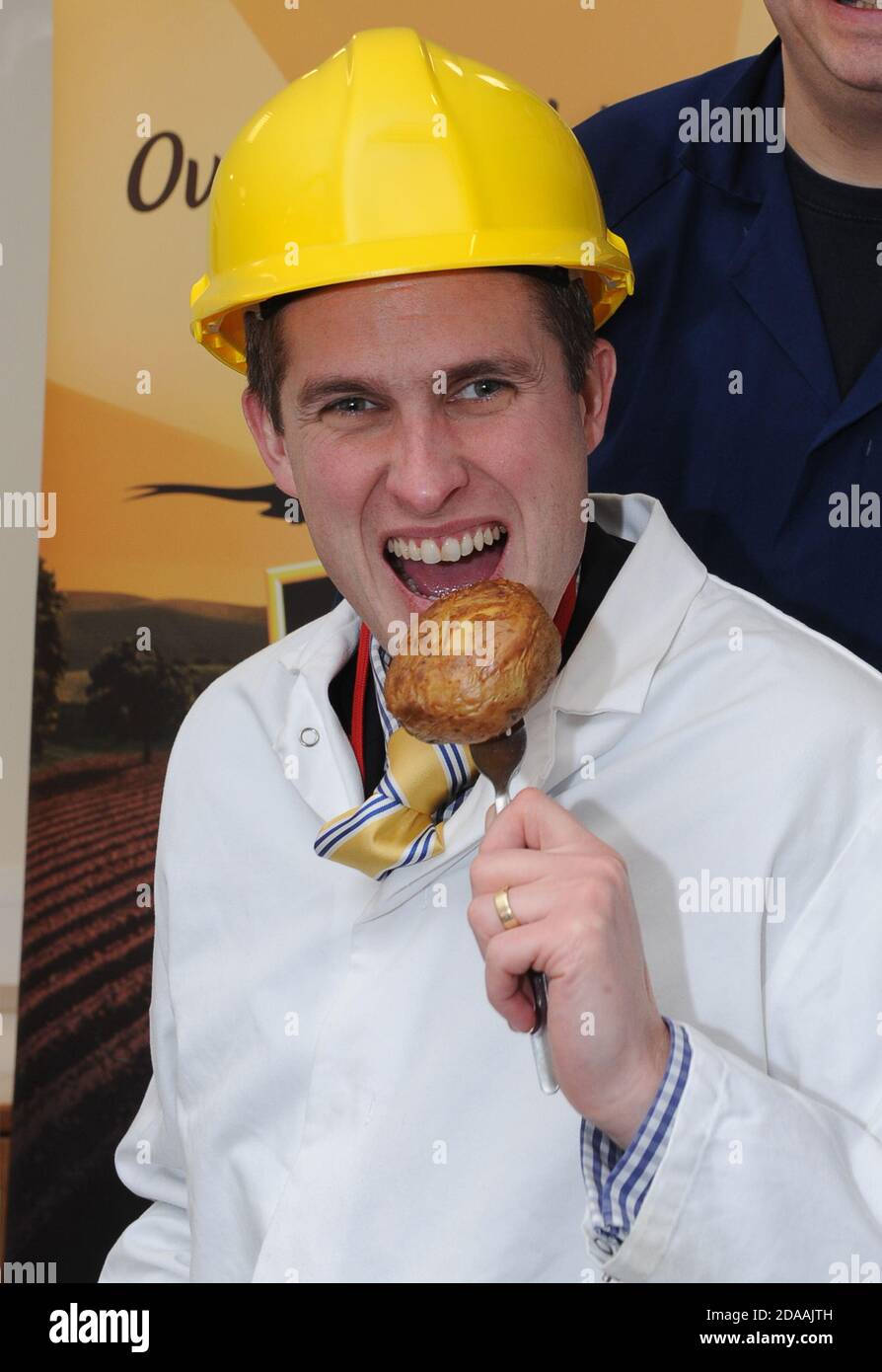 Gavin Williamson MP avec pommes de terre cuites au four chez McCains Banque D'Images