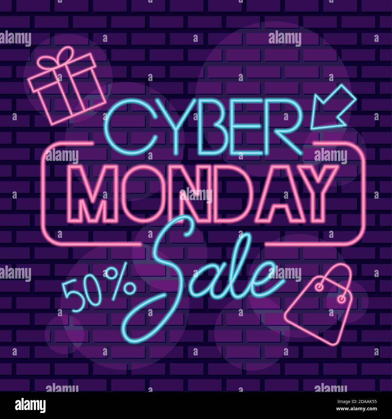 étiquette néon cyber monday avec sac à bandoulière et vecteur cadeau conception de l'illustration Illustration de Vecteur