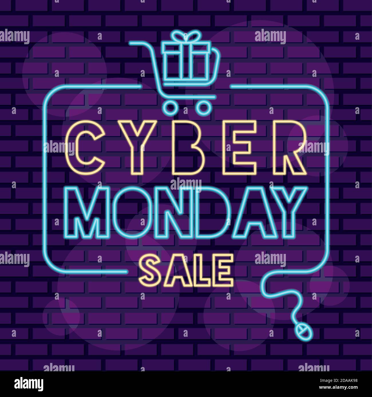 étiquette carrée au néon cyber monday avec cadeau et panier illustration vectorielle Illustration de Vecteur