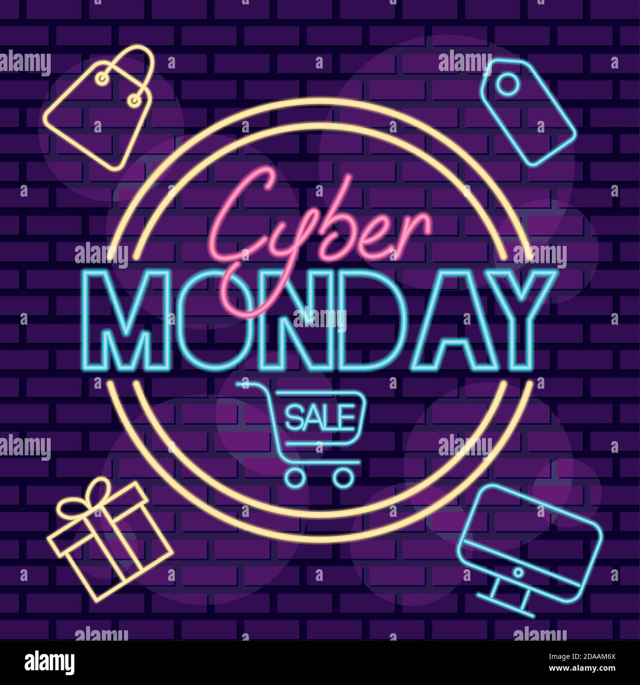 étiquette circulaire au néon cyber monday avec panier et cadeau illustration vectorielle Illustration de Vecteur