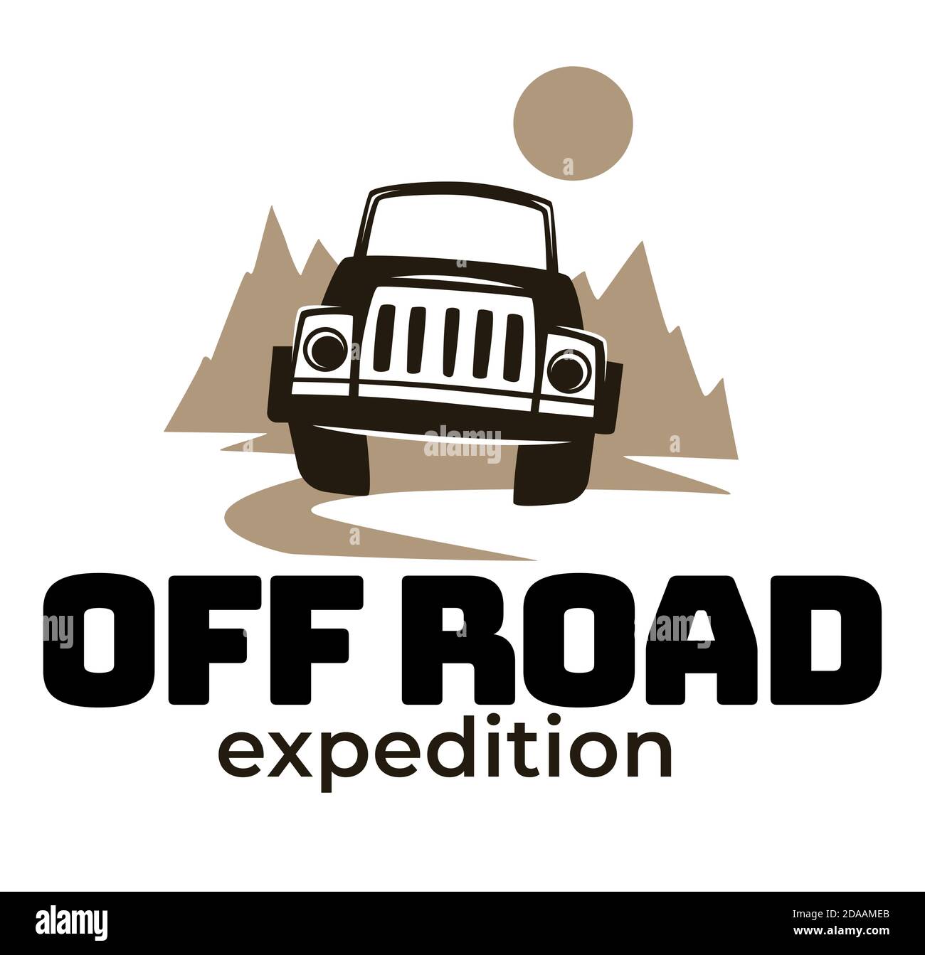 Emblème de l'expédition tout-terrain avec voiture dans la forêt de pins Illustration de Vecteur