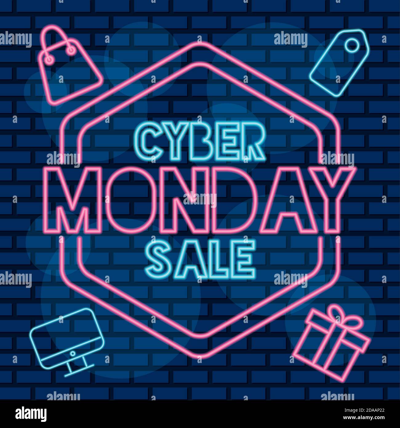 cyber monday solde étiquette néon avec ensemble d'icônes illustration vectorielle conception Illustration de Vecteur
