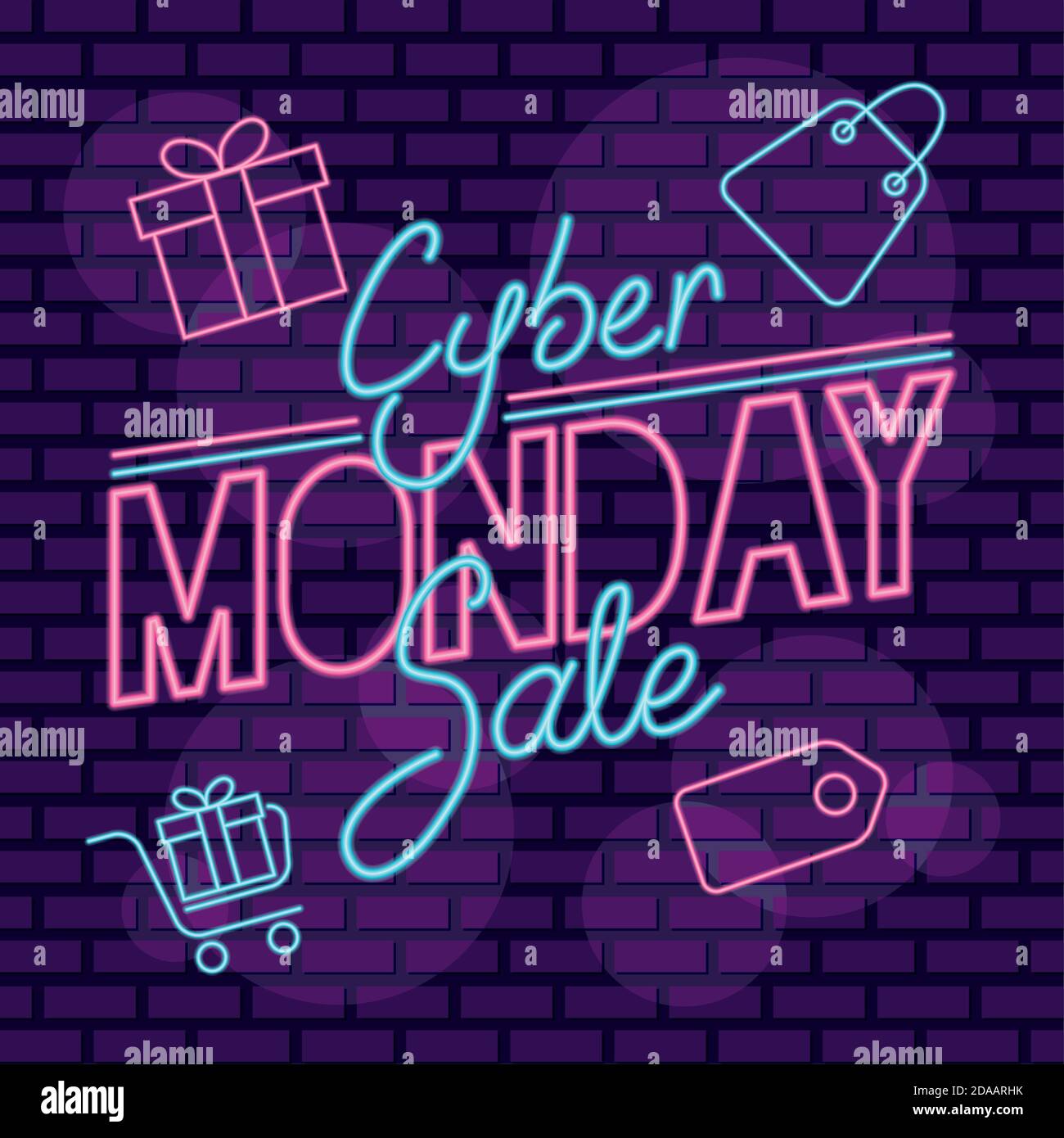 étiquette néon du cyber-lundi avec icônes de jeu dans le mur violet illustration vectorielle Illustration de Vecteur