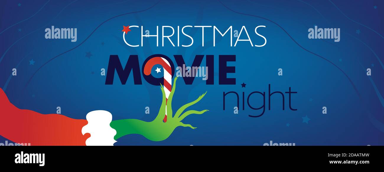 Couverture Facebook de Noël Movie Night, main verte de Grinch sur fond bleu. Illustration vectorielle, dépliant de site Web, modèle d'invitation pour la fête Illustration de Vecteur