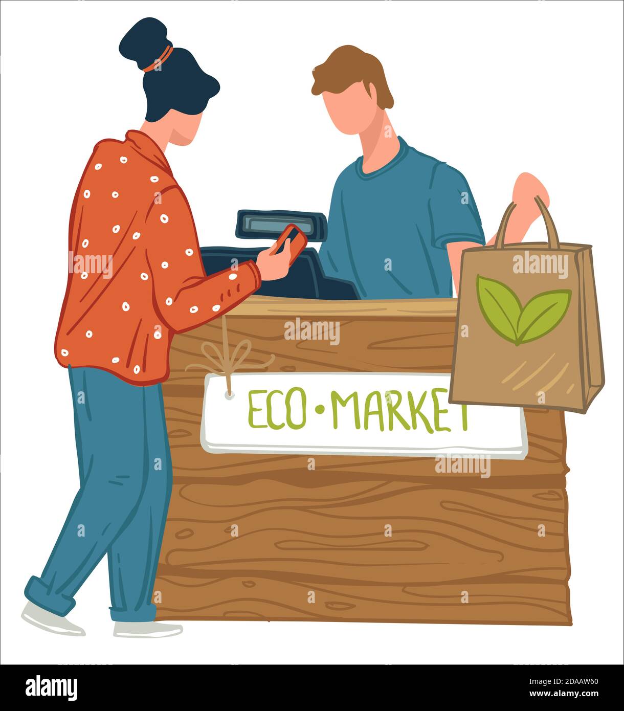 Femme magasine dans un marché écologique, dame au comptoir Illustration de Vecteur