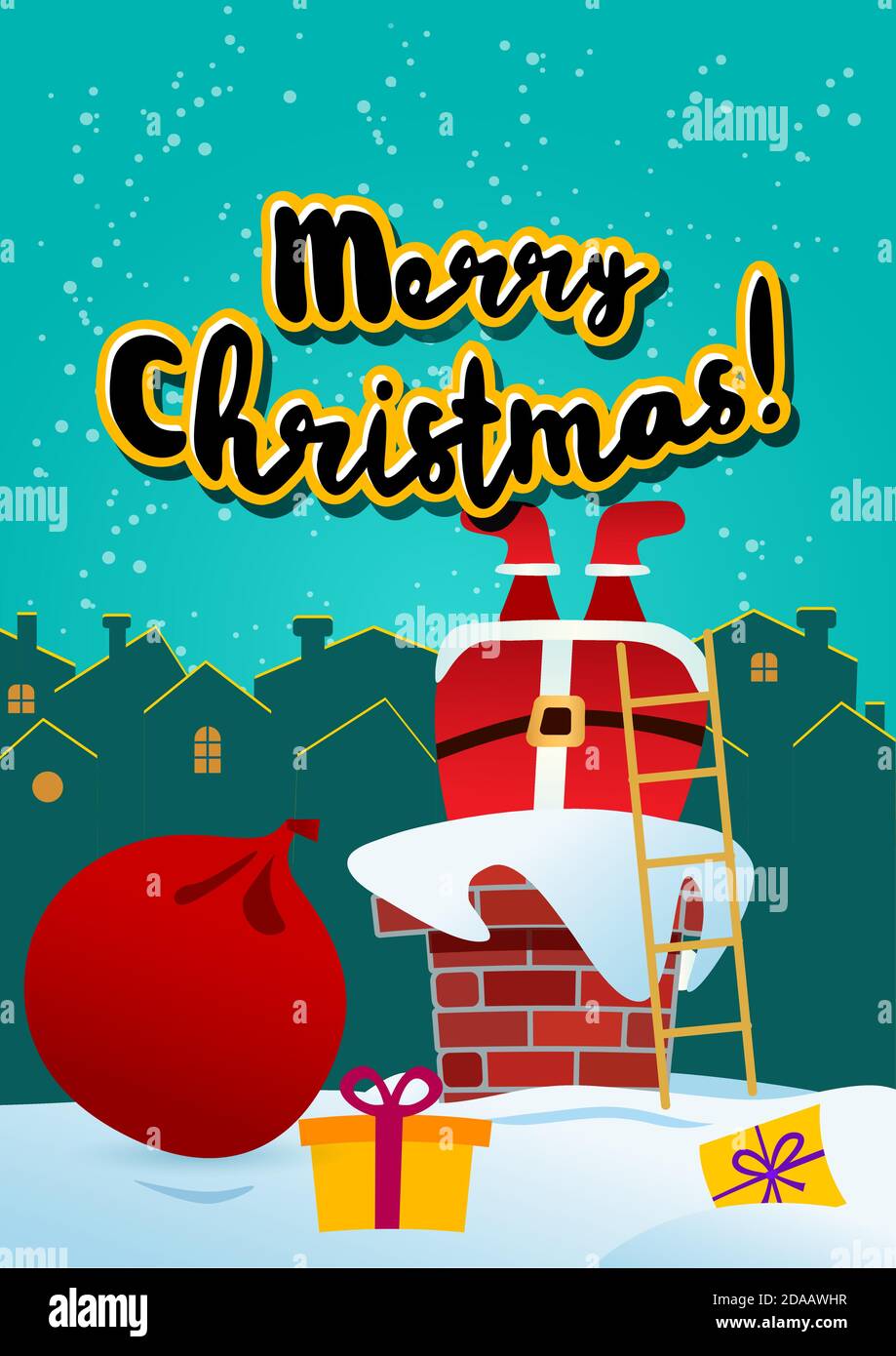 Carte Joyeux Noël. Le Père Noël sur le toit avec un sac de cadeaux, monte la cheminée pour laisser des cadeaux. Contre la ville nocturne. Illustration de Vecteur
