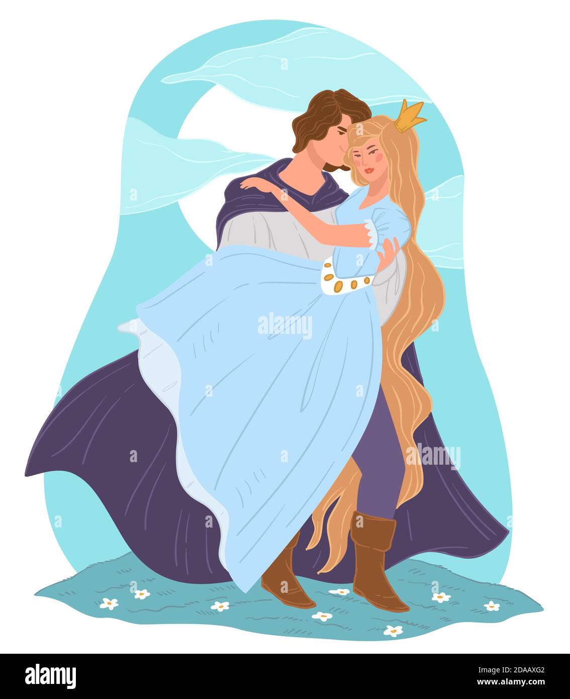 Prince embrassant princesse, romantique couple conte de fées Illustration de Vecteur