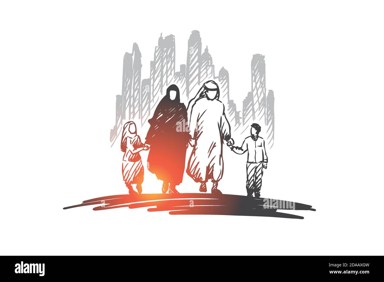 Arabe, famille, musulman, concept de culture. Vecteur isolé tracé à la main. Illustration de Vecteur