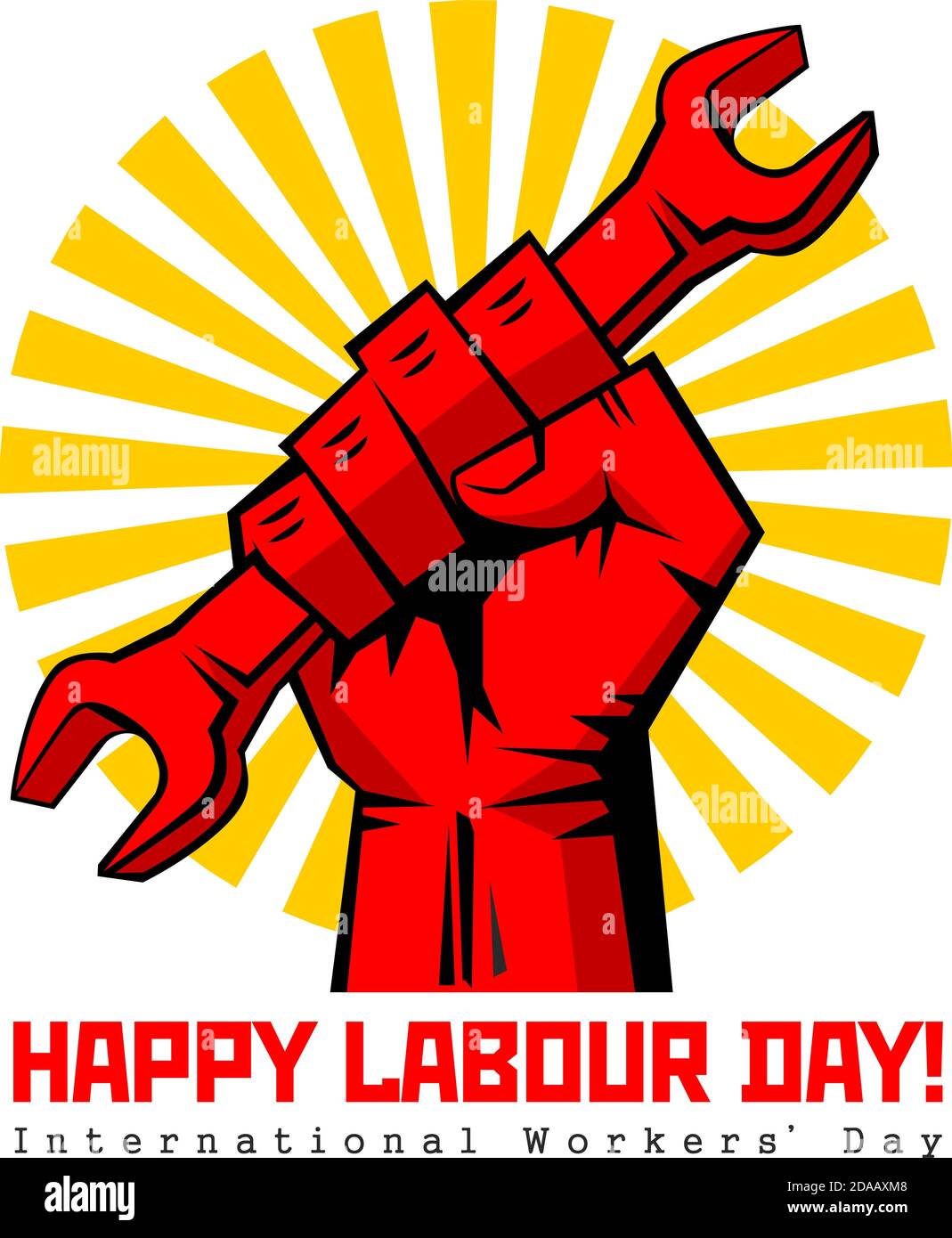 Bonne étiquette vectorielle de la fête du travail avec poing rouge fort et clé. Bonne fête du travail, jour des travailleurs, affiche du jour de mai ou carte de vœux. Illustration, vecteur Illustration de Vecteur