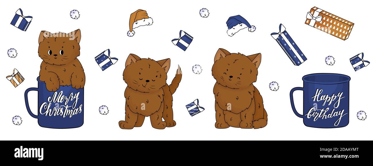 Ensemble de jolis chats ou chatons de dessin animé à la main. Un animal est dans la tasse, l'autre est assis sur le sol, le dernier est debout. Ils sont surr Illustration de Vecteur